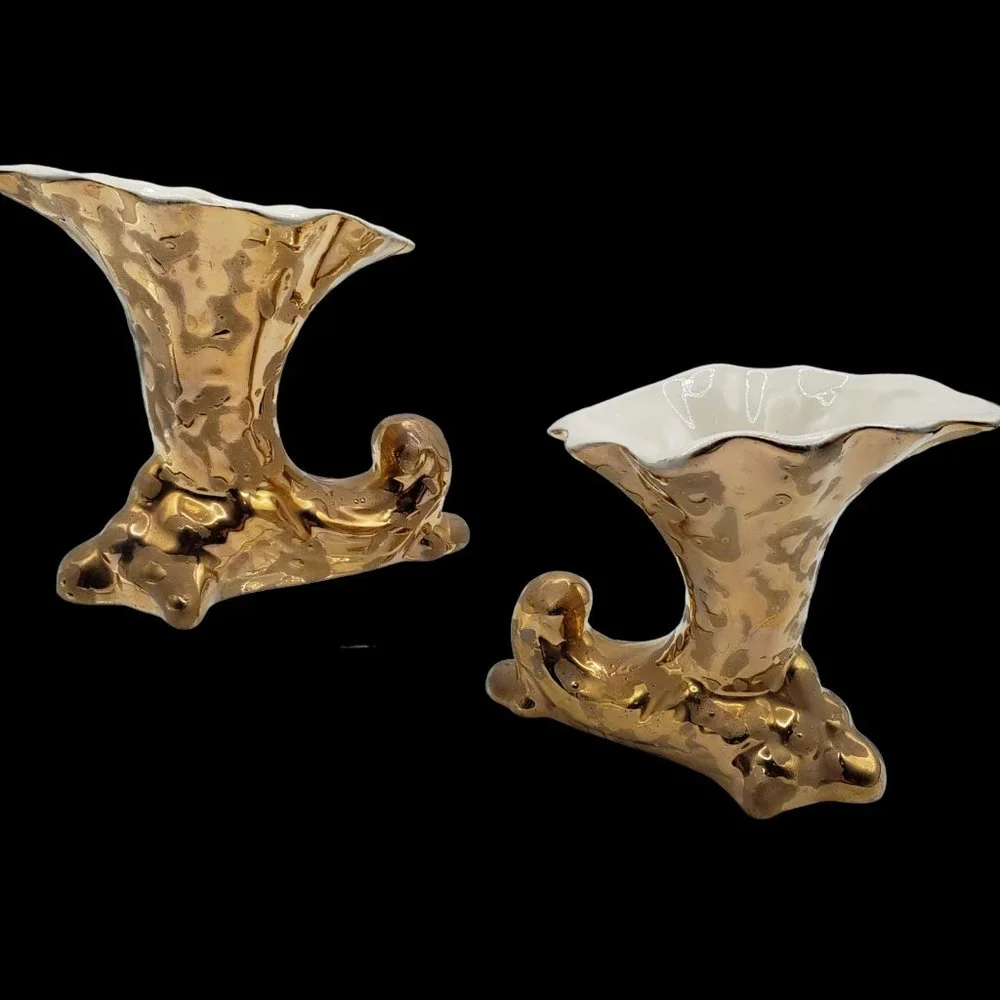 Lot of 2 Vases CORNUCOPIAS~22 Kt Weeping Gold ~American Bisque USA